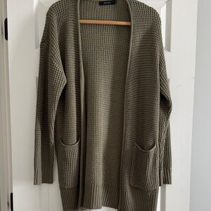 Zesica Olive Open-Front Waffle Knit Cardigan with Pockets